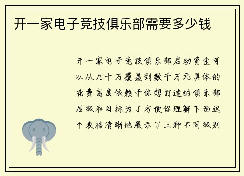 开一家电子竞技俱乐部需要多少钱